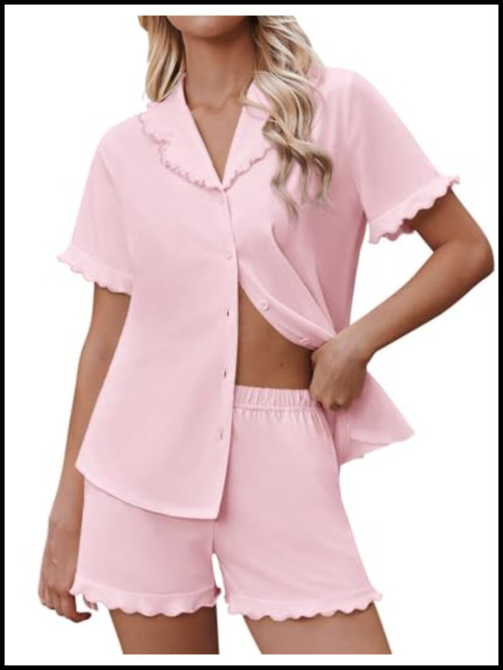 Ekouaer Women's 2-Piece Pajama Set Button Down Ruffle Short Sleeve Lounge